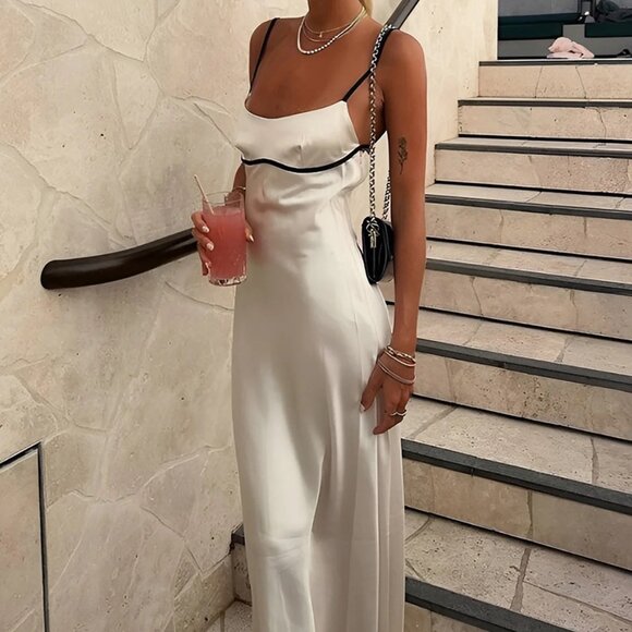 NWT! Commense White Satin Dress with Black Trim - Picture 1 of 5